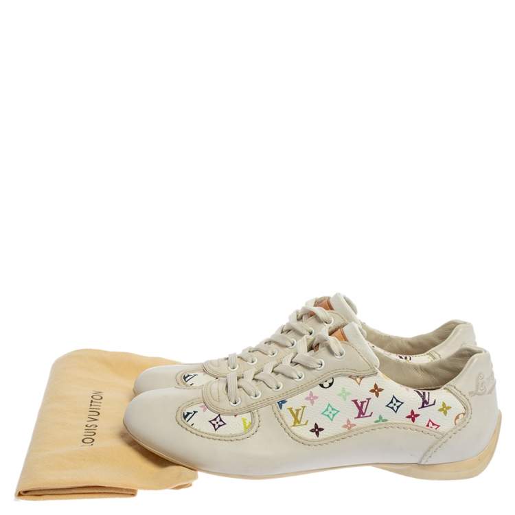 Pre Owned Louis Vuitton White Leather And Multicolor Monogram Canvas Lace Up Sneakers Size 34