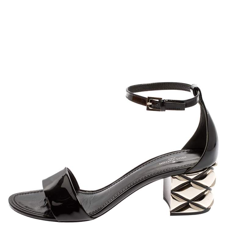 Louis Vuitton Black Patent Silver Block Heel Ankle Strap Sandals