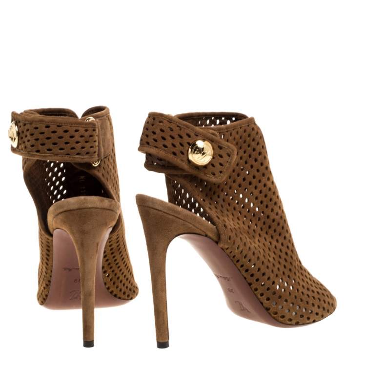 Pre Owned Louis Vuitton Brown Perforated Suede Leather Open Toe Ankle Booties Size 39