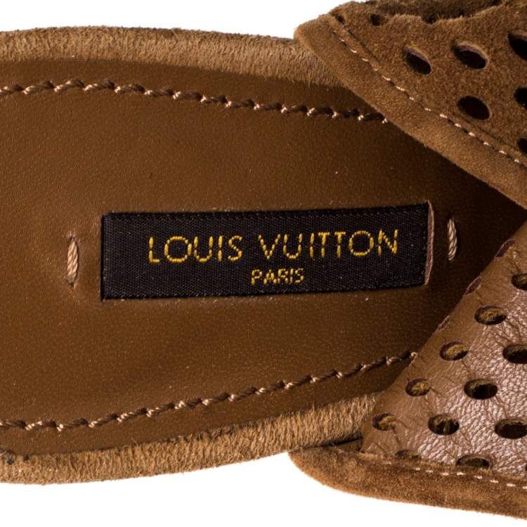 Pre Owned Louis Vuitton Brown Perforated Suede Leather Open Toe Ankle Booties Size 39