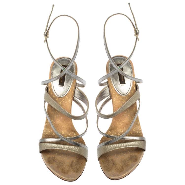 Pre Owned Louis Vuitton Grey Python Embossed And Leather Strappy Sandals Size 40