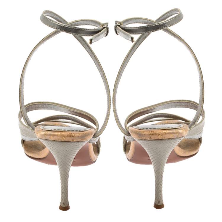 Pre Owned Louis Vuitton Grey Python Embossed And Leather Strappy Sandals Size 40