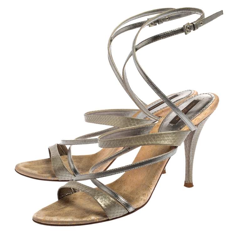 Pre Owned Louis Vuitton Grey Python Embossed And Leather Strappy Sandals Size 40