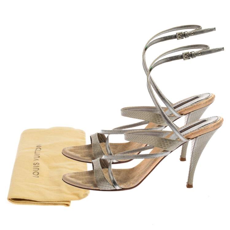 Pre Owned Louis Vuitton Grey Python Embossed And Leather Strappy Sandals Size 40