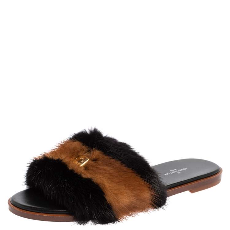 Louis Vuitton Brown Mink Fur Lock It Flat Slides Size 38 Louis Vuitton