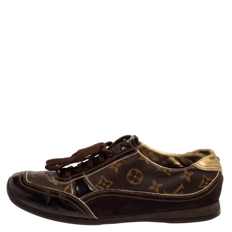 Pre Owned Louis Vuitton Brown Monogram Canvas and Patent Leather Globe Trotter Sneakers Size 40.5