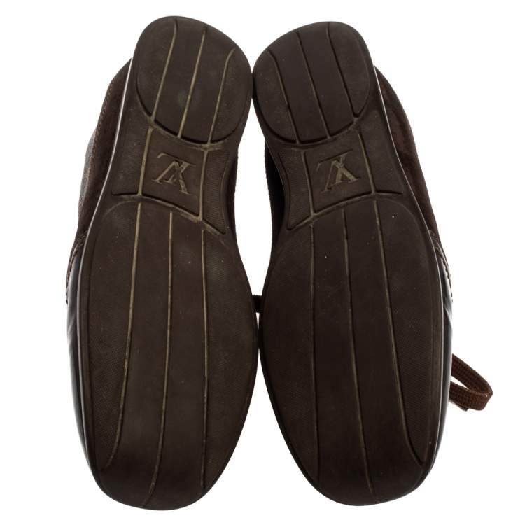 Pre Owned Louis Vuitton Brown Monogram Canvas and Patent Leather Globe Trotter Sneakers Size 40.5