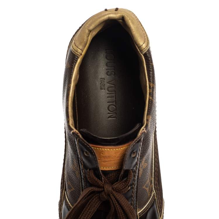 Pre Owned Louis Vuitton Brown Monogram Canvas and Patent Leather Globe Trotter Sneakers Size 40.5