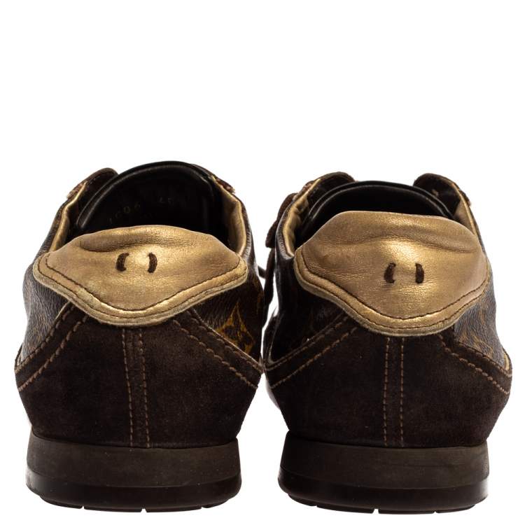 Pre Owned Louis Vuitton Brown Monogram Canvas and Patent Leather Globe Trotter Sneakers Size 40.5