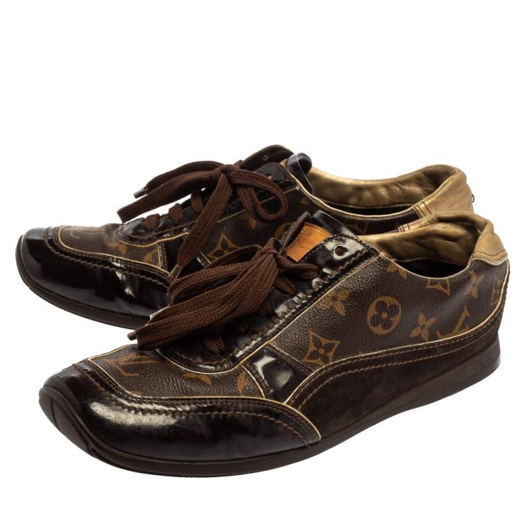 Pre Owned Louis Vuitton Brown Monogram Canvas and Patent Leather Globe Trotter Sneakers Size 40.5