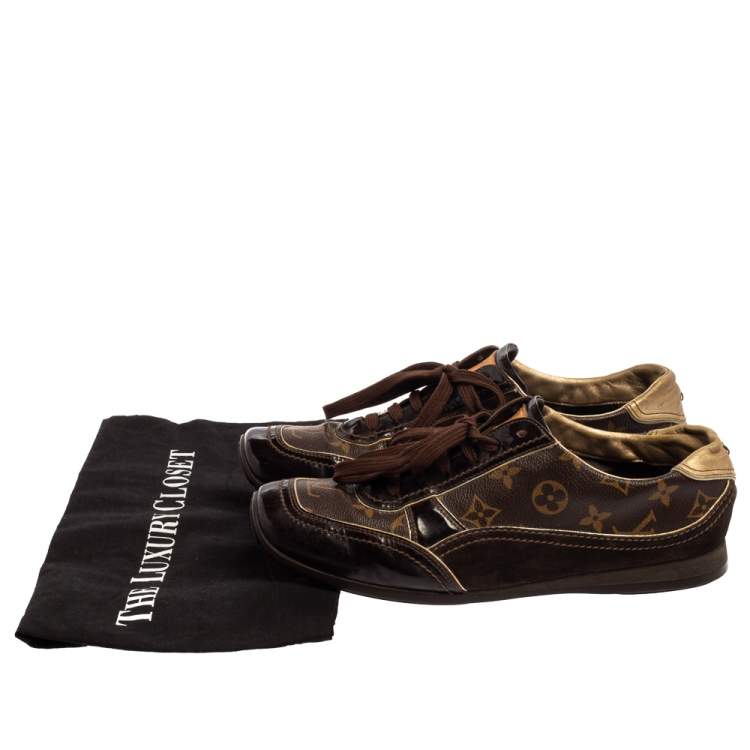 Pre Owned Louis Vuitton Brown Monogram Canvas and Patent Leather Globe Trotter Sneakers Size 40.5