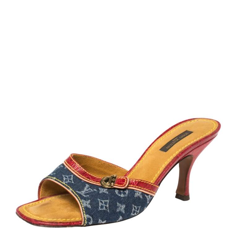 Louis Vuitton Monogram Denim Red Croc Slip On Low Heel Mule Sandal
