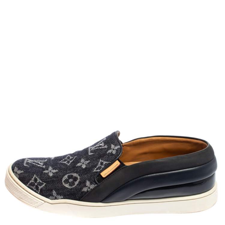 Pre Owned Louis Vuitton Blue Monogram Denim And Leather Tempo Slip-On Sneakers Size 37.5