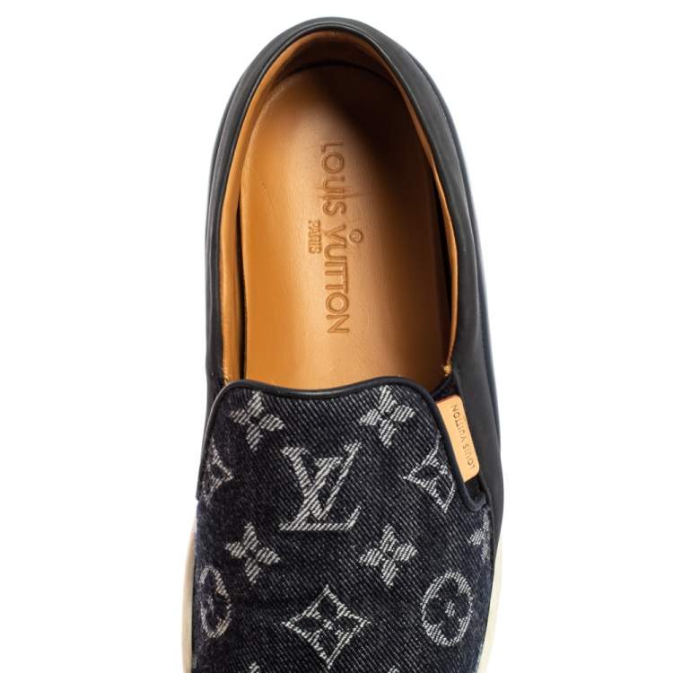 Pre Owned Louis Vuitton Blue Monogram Denim And Leather Tempo Slip-On Sneakers Size 37.5