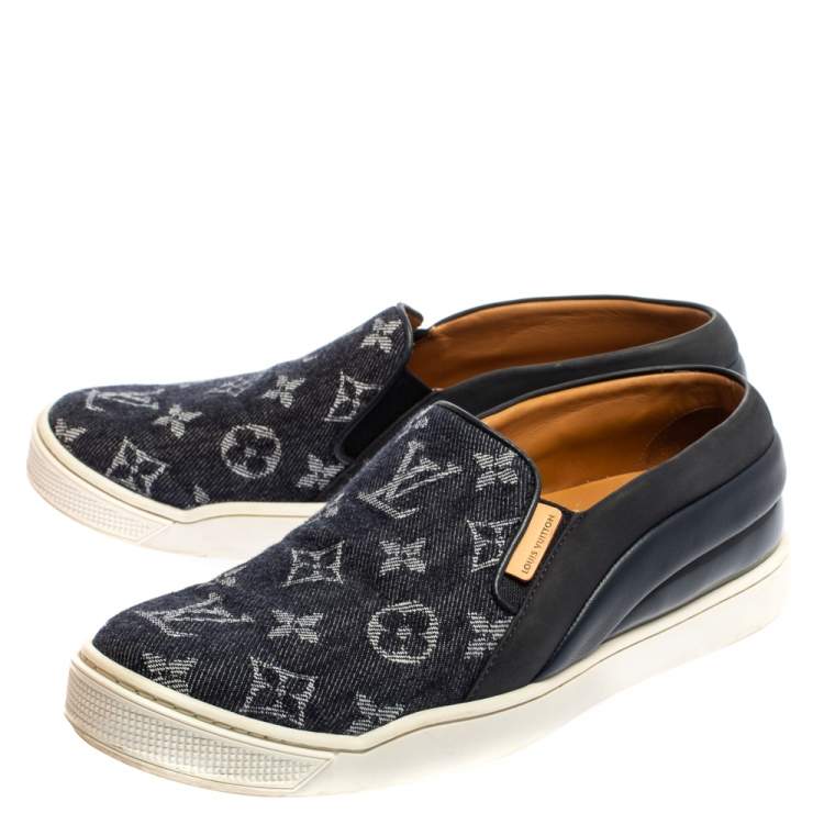 Pre Owned Louis Vuitton Blue Monogram Denim And Leather Tempo Slip-On Sneakers Size 37.5