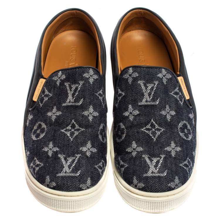 Pre Owned Louis Vuitton Blue Monogram Denim And Leather Tempo Slip-On Sneakers Size 37.5