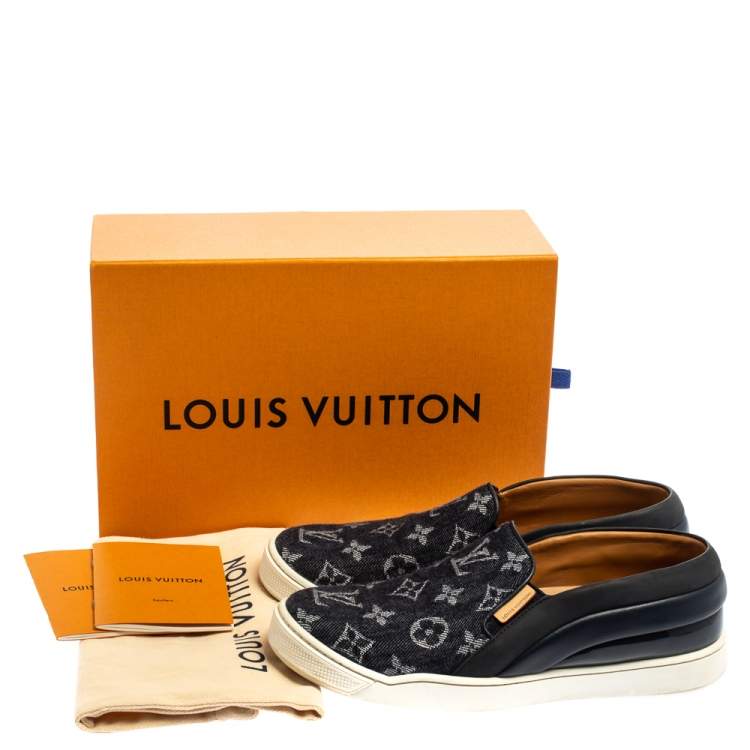 Pre Owned Louis Vuitton Blue Monogram Denim And Leather Tempo Slip-On Sneakers Size 37.5
