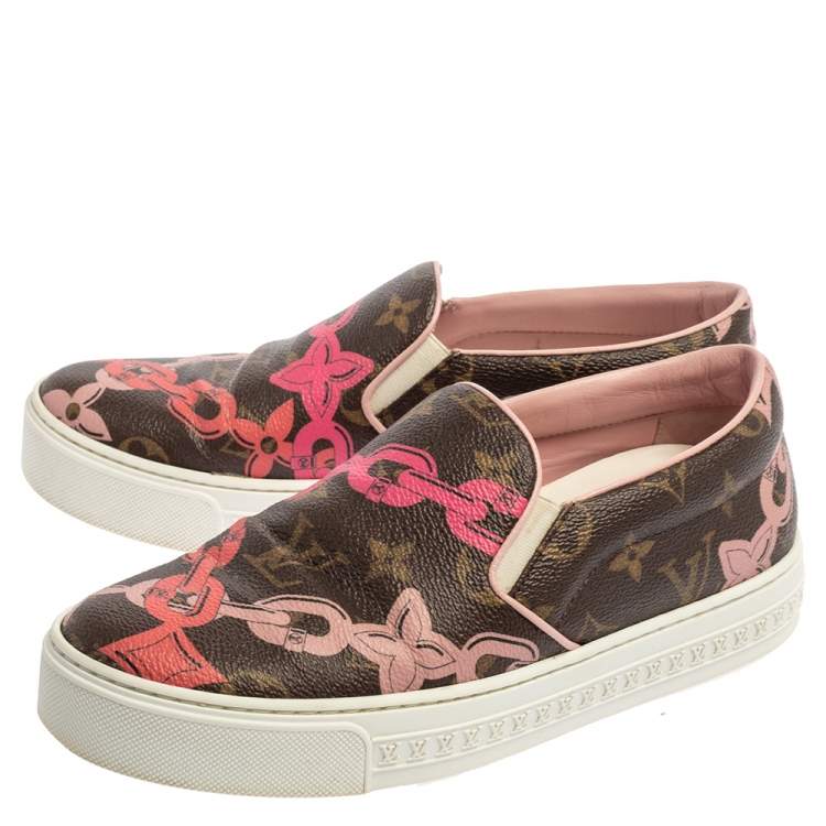 Pre Owned Louis Vuitton Brown Monogram Canvas Chain Print Harbor Slip on Sneakers Size 36
