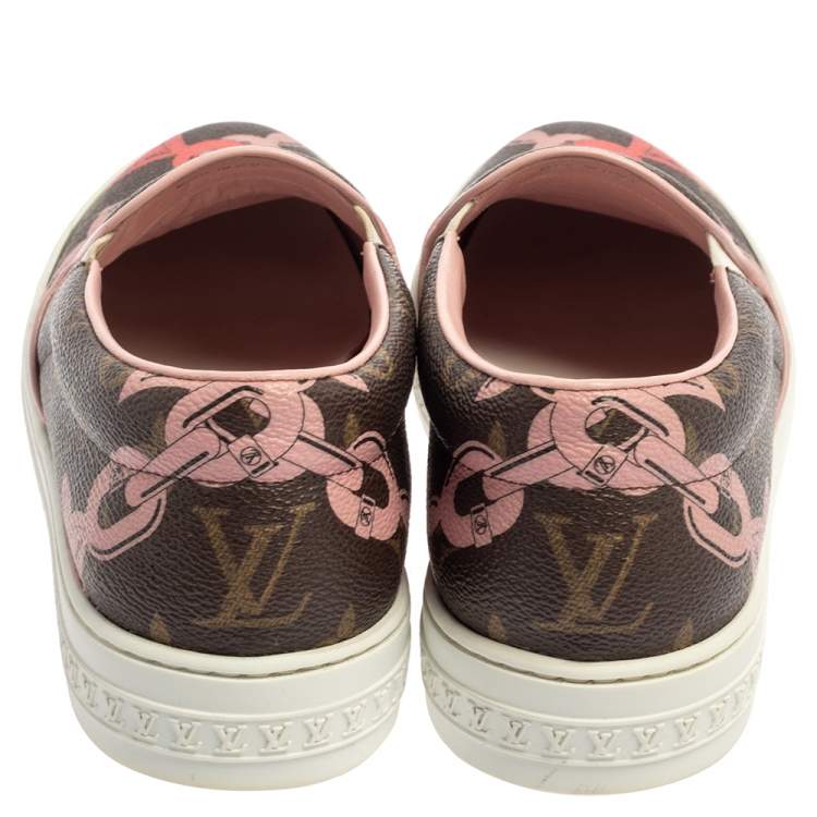 Pre Owned Louis Vuitton Brown Monogram Canvas Chain Print Harbor Slip on Sneakers Size 36