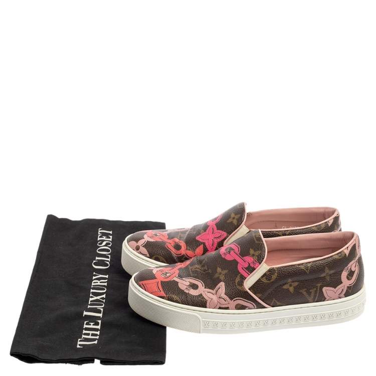 Pre Owned Louis Vuitton Brown Monogram Canvas Chain Print Harbor Slip on Sneakers Size 36
