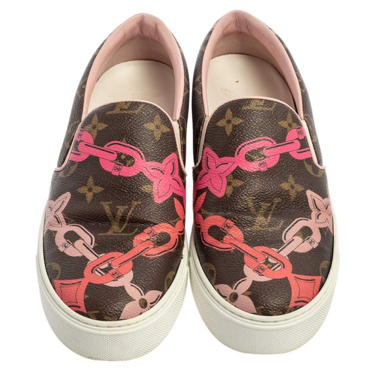 Pre Owned Louis Vuitton Brown Monogram Canvas Chain Print Harbor Slip on Sneakers Size 36