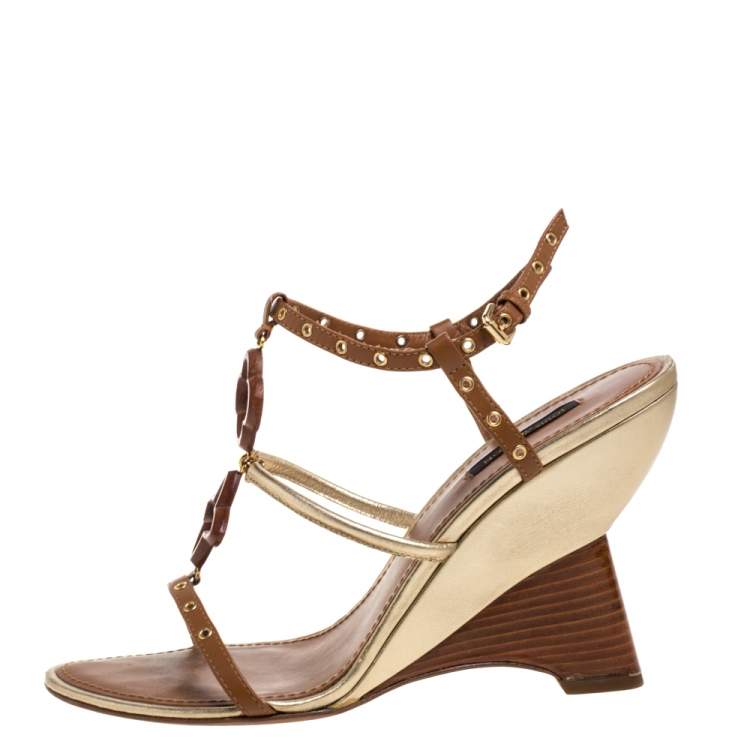 Louis Vuitton Brown Leather Wedge Ankle Strap Sandals Size 40.5 - ShopStyle