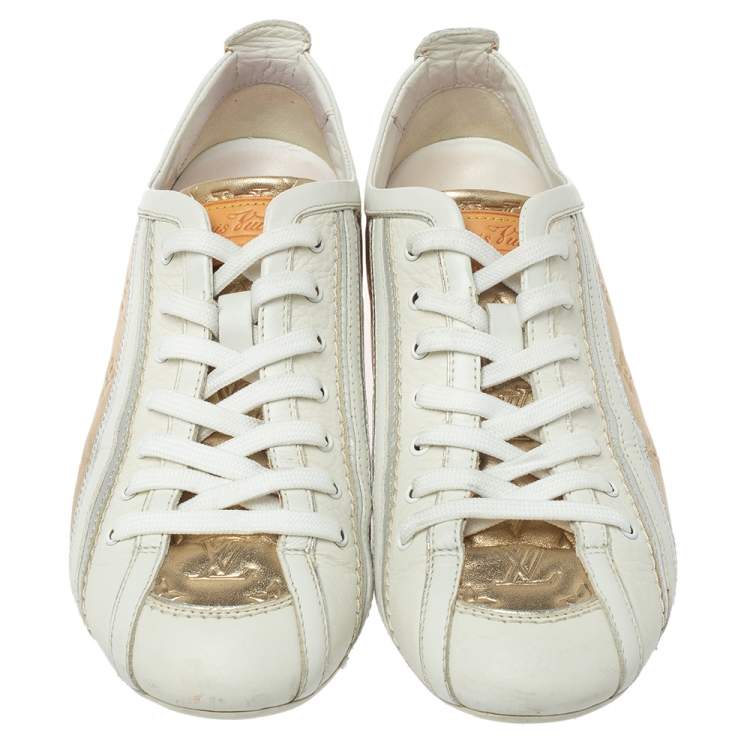 مملوكة مسبقًا Louis Vuitton White And Golden Leather Impulsion Sneaker Size 36.5
