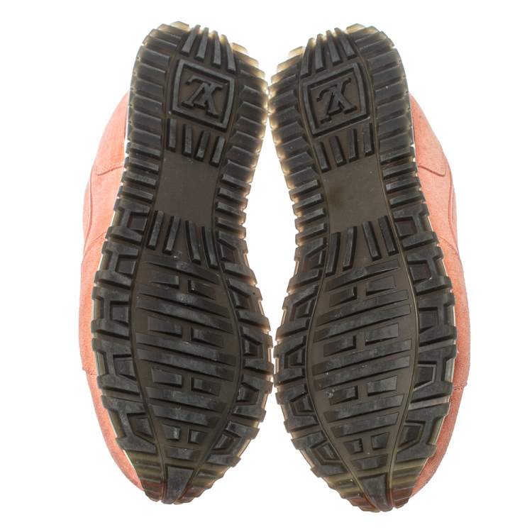 Pre Owned Louis Vuitton Peach Suede and Mesh Lace Up Sneakers Size 37