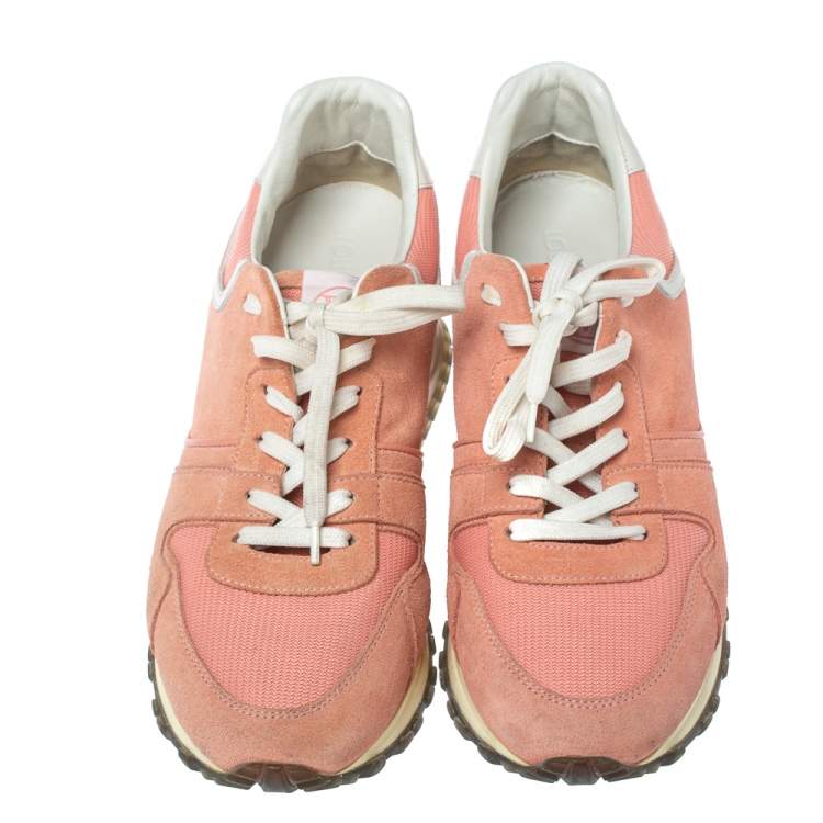 Pre Owned Louis Vuitton Peach Suede and Mesh Lace Up Sneakers Size 37