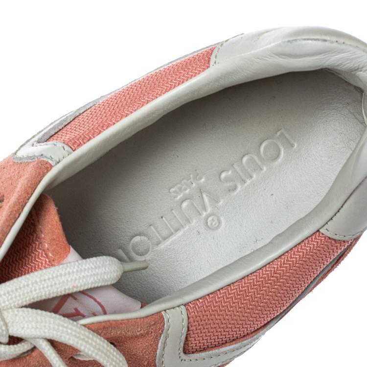 Pre Owned Louis Vuitton Peach Suede and Mesh Lace Up Sneakers Size 37