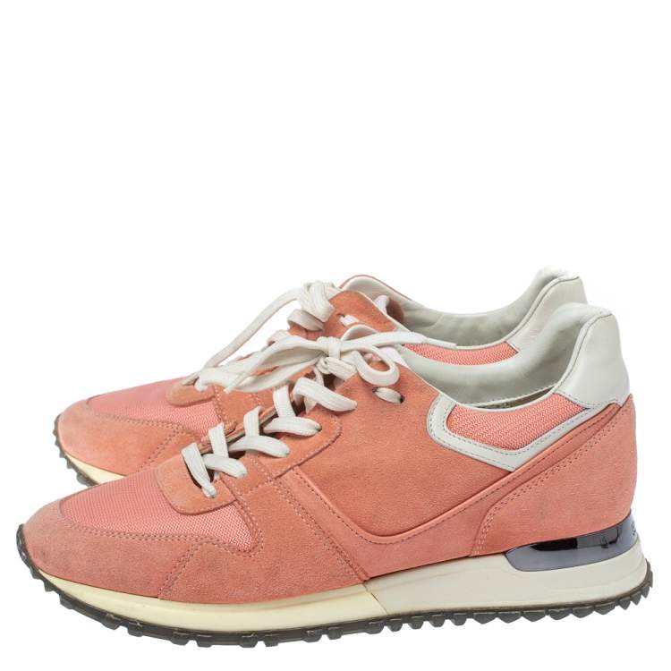 Pre Owned Louis Vuitton Peach Suede and Mesh Lace Up Sneakers Size 37