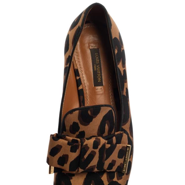 Pre Owned Louis Vuitton Brown Leopard Printed Canvas Bow Detail Smoking Slippers Size 36