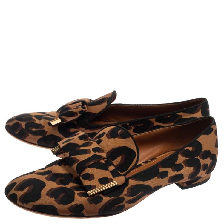 Pre Owned Louis Vuitton Brown Leopard Printed Canvas Bow Detail Smoking Slippers Size 36