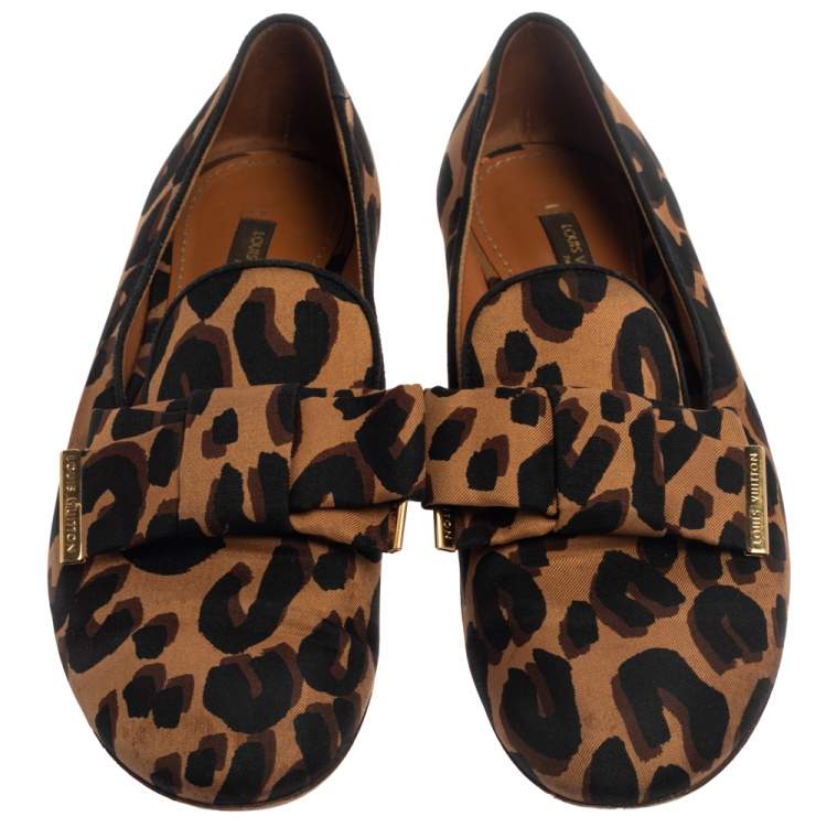 Pre Owned Louis Vuitton Brown Leopard Printed Canvas Bow Detail Smoking Slippers Size 36