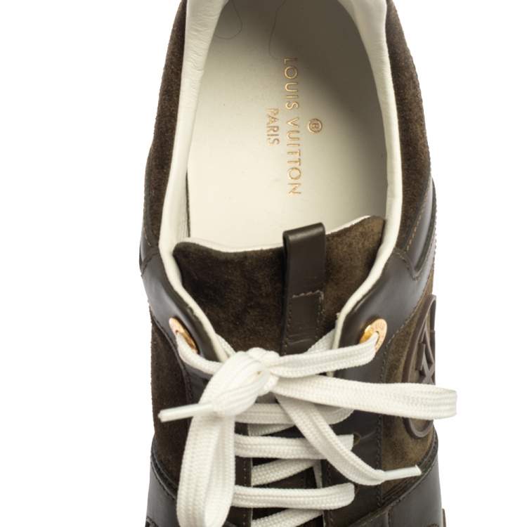 Pre Owned Louis Vuitton Military Green Leather And Suede Run Away  Sneakers Size 39