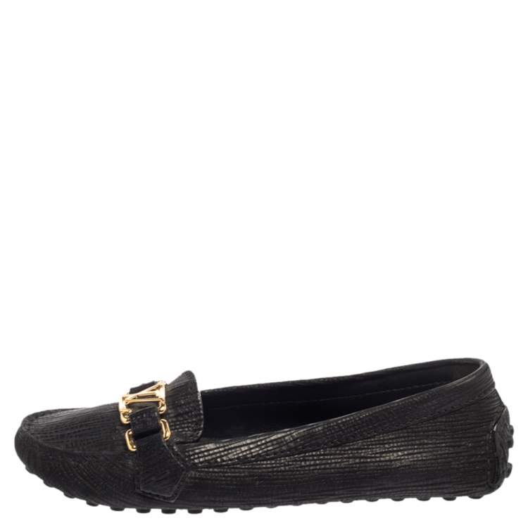 Pre Owned Louis Vuitton Black Epi Leather Logo Slip On Loafers Size 38
