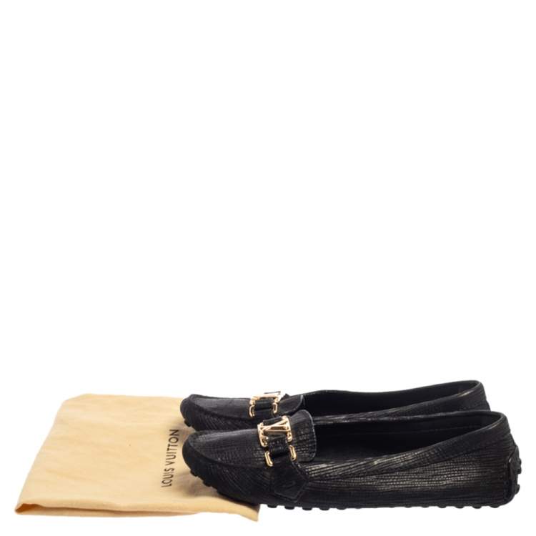 Pre Owned Louis Vuitton Black Epi Leather Logo Slip On Loafers Size 38