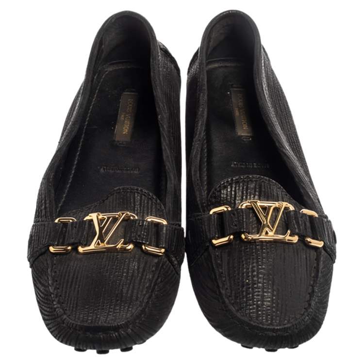 Pre Owned Louis Vuitton Black Epi Leather Logo Slip On Loafers Size 38