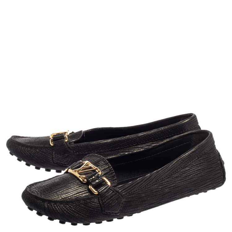 Pre Owned Louis Vuitton Black Epi Leather Logo Slip On Loafers Size 38