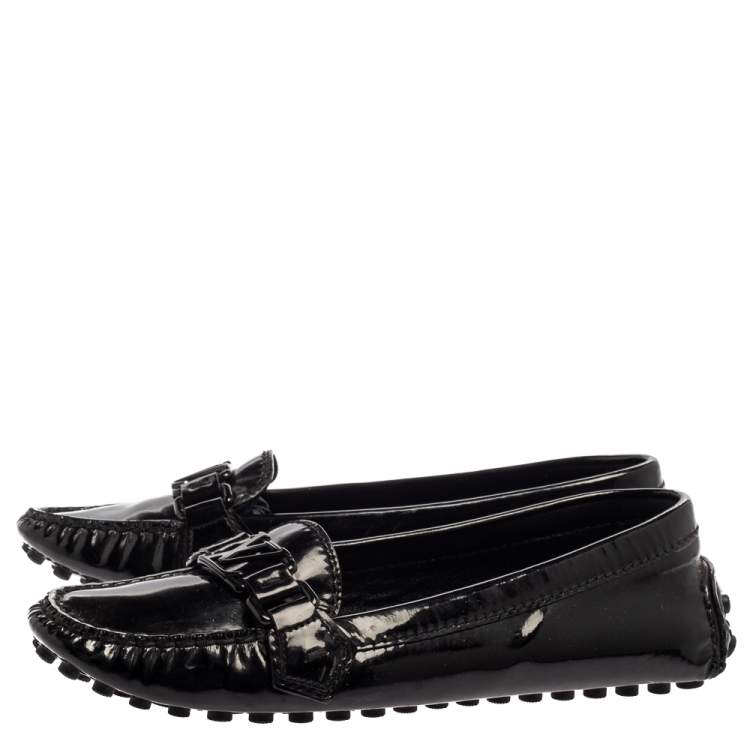 Pre Owned Louis Vuitton Black Patent Leather Logo Slip On Loafers Size 36.5