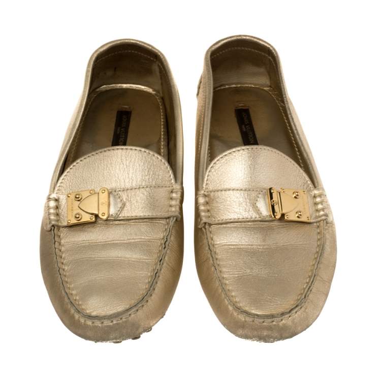 Pre Owned Louis Vuitton Metallic Gold Leather S Lock Slip On Loafers Size 38 