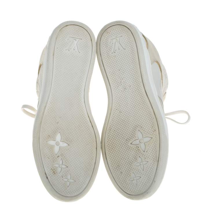 Pre Owned Louis Vuitton Beige/White Leather And Embossed Monogram Suede Millenium Wedge Sneakers Size 36.5