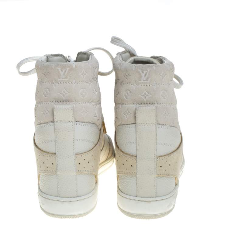 Pre Owned Louis Vuitton Beige/White Leather And Embossed Monogram Suede Millenium Wedge Sneakers Size 36.5