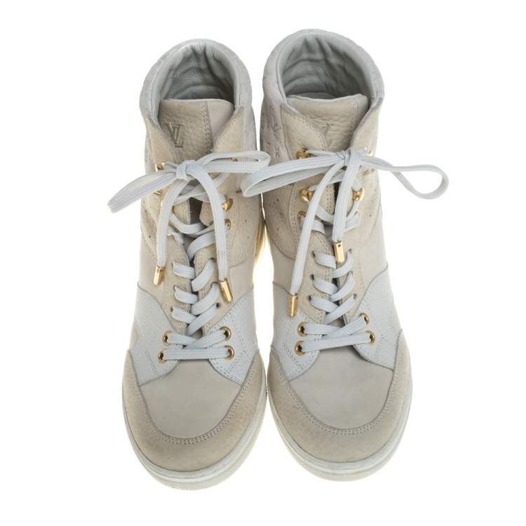 Pre Owned Louis Vuitton Beige/White Leather And Embossed Monogram Suede Millenium Wedge Sneakers Size 36.5