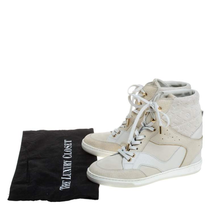 Pre Owned Louis Vuitton Beige/White Leather And Embossed Monogram Suede Millenium Wedge Sneakers Size 36.5