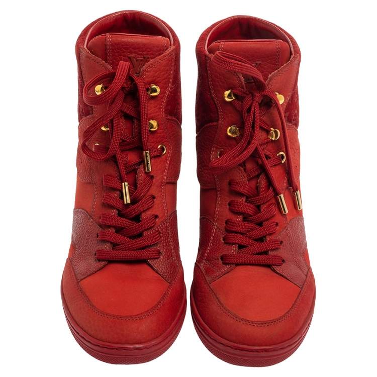 Pre Owned Louis Vuitton Red Leather And Embossed Monogram Suede Millenium Wedge Sneakers Size 37.5
