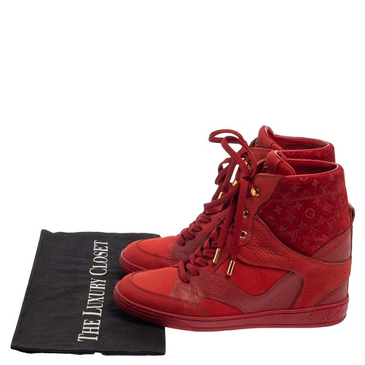Pre Owned Louis Vuitton Red Leather And Embossed Monogram Suede Millenium Wedge Sneakers Size 37.5