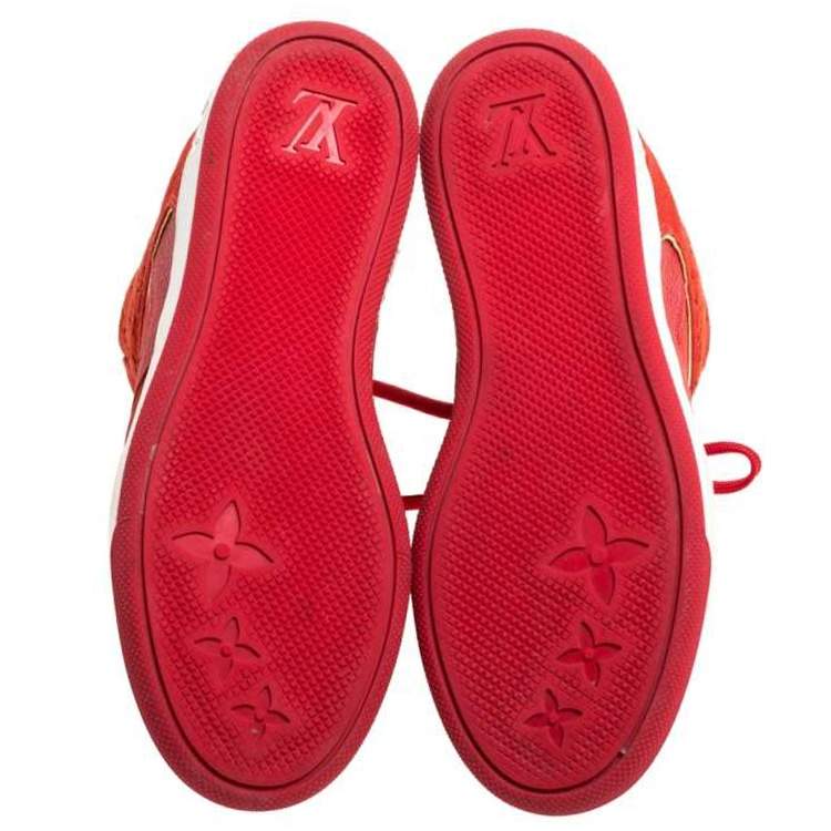 Pre Owned Louis Vuitton Red Leather And Embossed Monogram Suede Millenium Wedge Sneakers Size 37.5