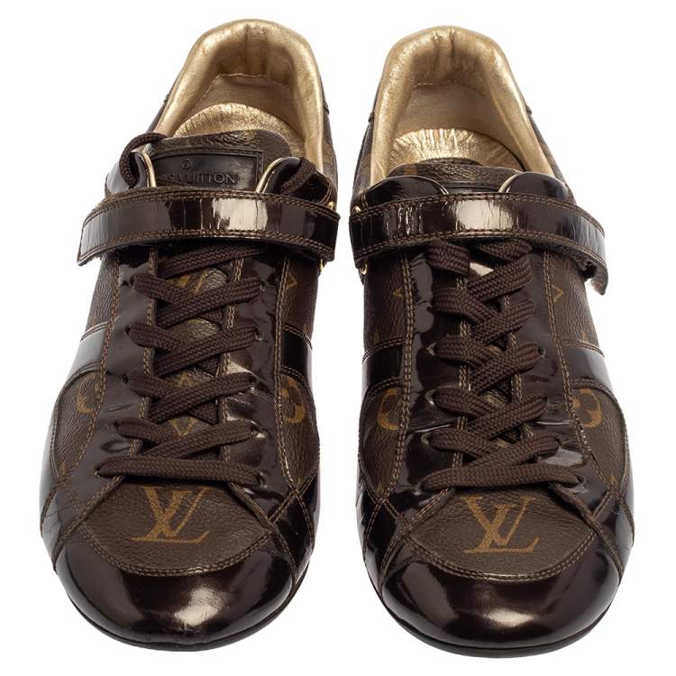Pre Owned Louis Vuitton Brown Monogram Canvas And Patent Leather Sneakers Size 37