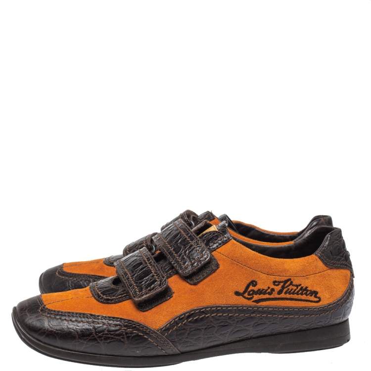 Pre Owned Louis Vuitton Brown/Orange Croc Embossed Leather and Suede Feeding  Sneaker Size 38